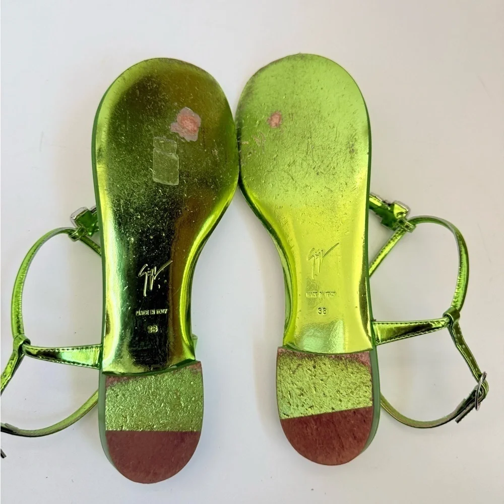 Giuseppe Zannoti Asparagus Green Metallic Leather Alphonsine thong sandals EU 38
